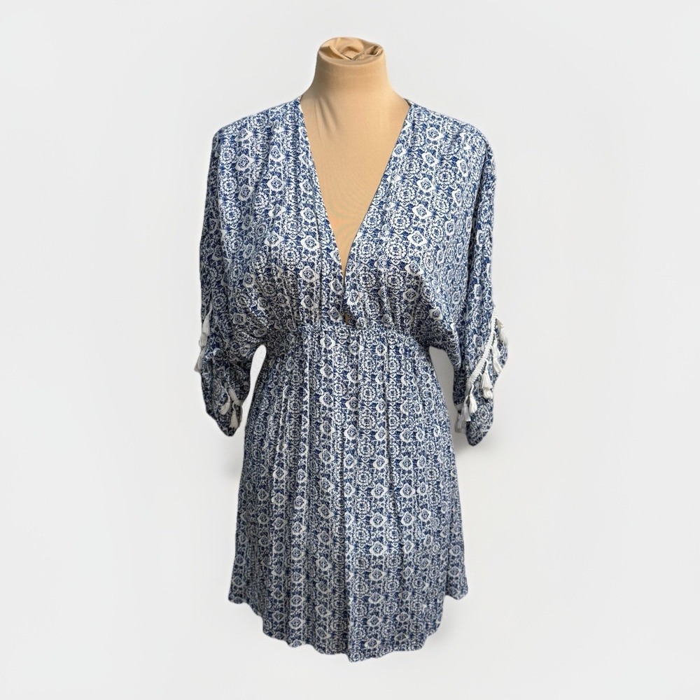 Blue Island Cover Up Tunic Nautical Relaxed Fit Cruise Coastal Ruffle Beach Sz L